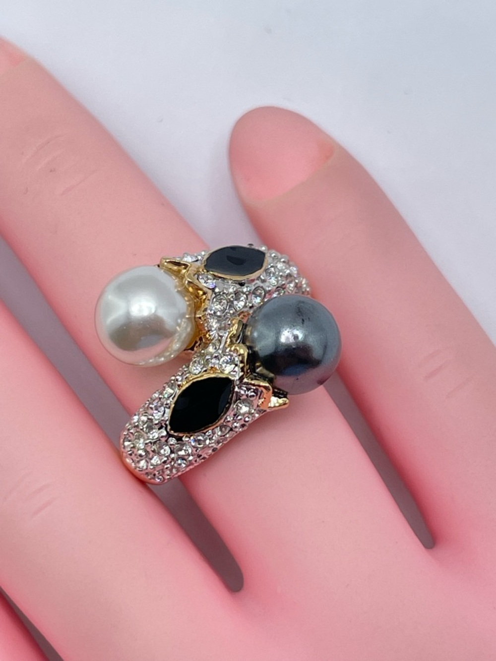 Diamond White Swarovski Crystal Elements Faux Pearl Ring Gold Statement Sz 7